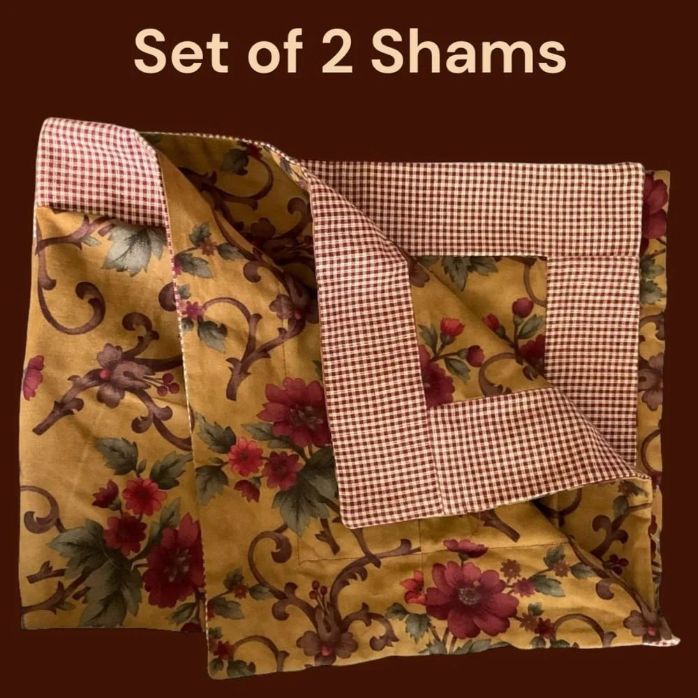 Set of 2 Pillow Shams | Rich Floral Victorian Style | Gingham Trim